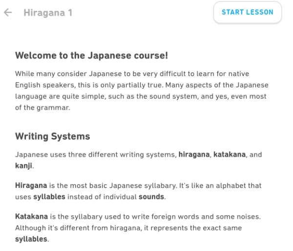 The Duolingo Japanese course describes different Japanese writing systems, but doesn't show users how to actually write. This screenshot shows the writing system descriptions.