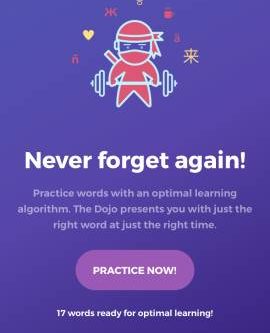 This is a screenshot of the Drops Tough Word Dojo. There is a ninja lifting weights. This app feature helps you focus on difficult words while you're learning a language with Drops.