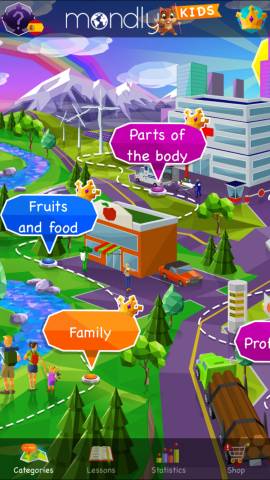 This screenshot shows the learning area of the Mondly Kids app. You can choose different lessons and the layout is similar to the regular Mondly premium app.