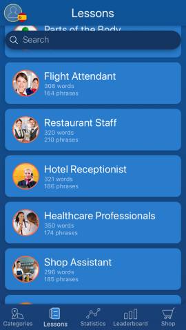A screenshot showing the different job-specific courses available with a Mondly premium subscription.