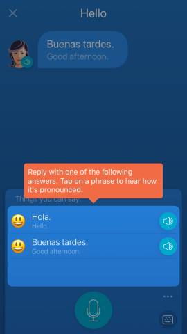 A screenshot of the chatbot that I discuss in the Mondly review. The chatbot looks like a common text message conversation.