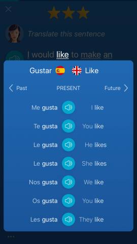 This Mondly review discusses the Mondly Spanish course. When you complete language activities, you can look at grammar tables to help you understand verb conjugations. This is a screenshot of one of those grammar tables. It shows the English and Spanish translations of a verb.