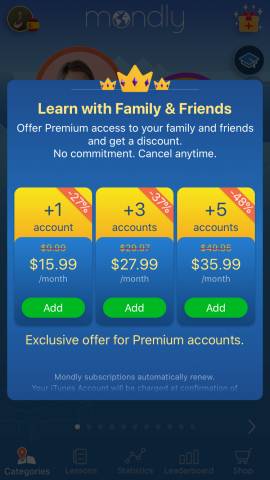 This screenshot shows the Mondly subscription options for family members. These are a great Mondly discount that allow you to learn with your family. You can get up to 5 different accounts.