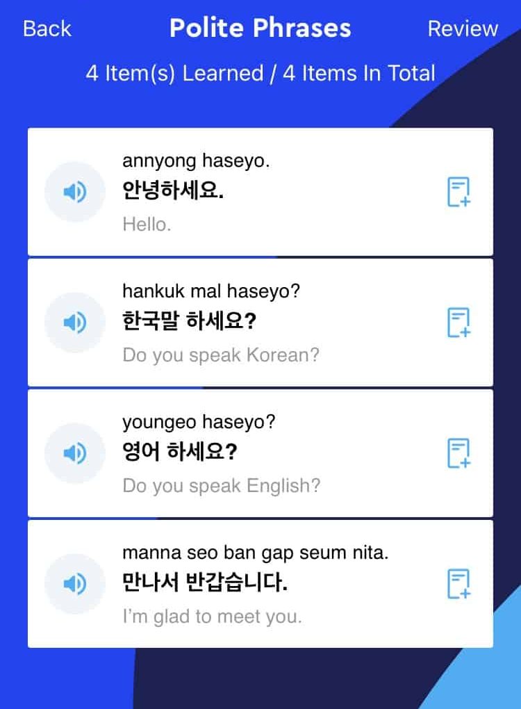 Pimsleur Korean Review Screenshot