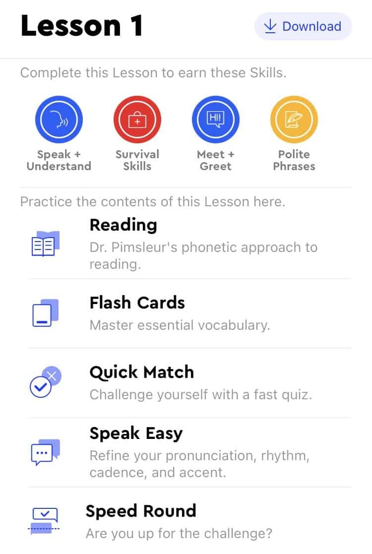 A screenshot of the features menu in the Pimsleur language app