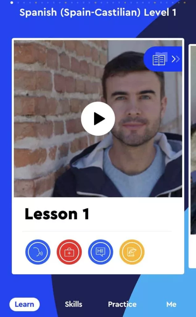 This is the Castillian Spanish lesson menu in Pimsleur. You can play the first audio lesson, practice your skills, or review what you learned.