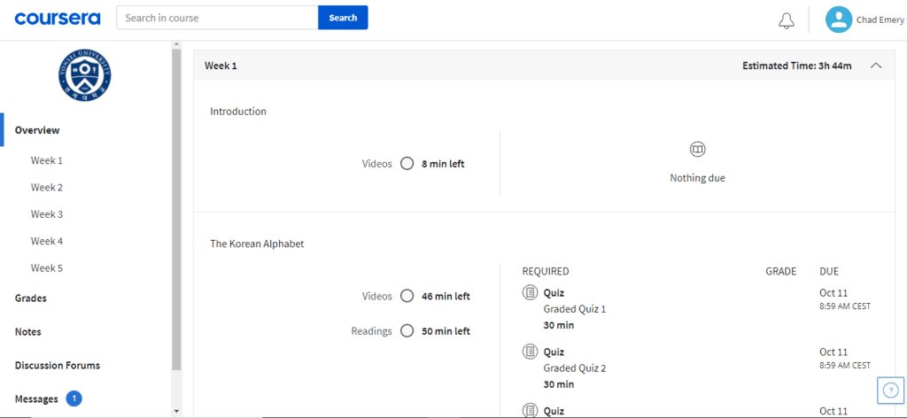 Coursera course dashboard