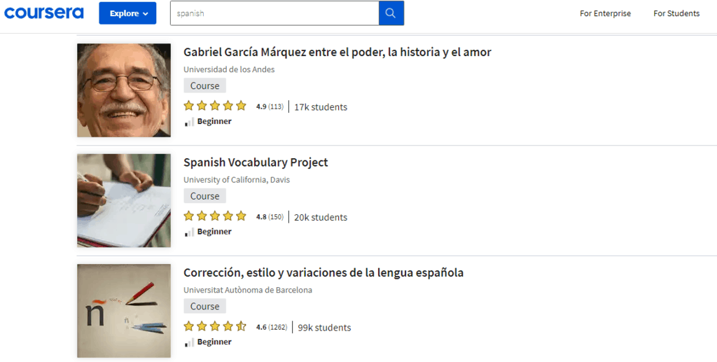 Coursera Spanish courses