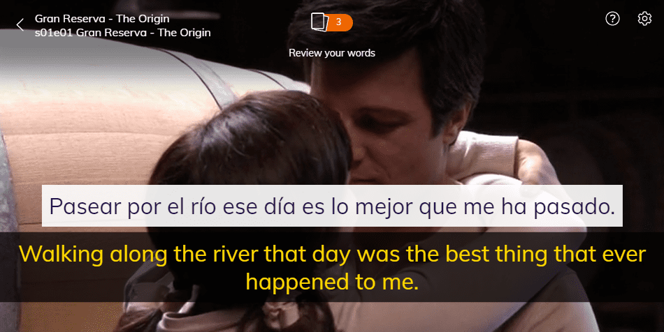 Screenshot from a Spanish TV show on Lingopie with Spanish captions and English translations. At the top of the screen, you can see the option to review the words you learned in that episode.