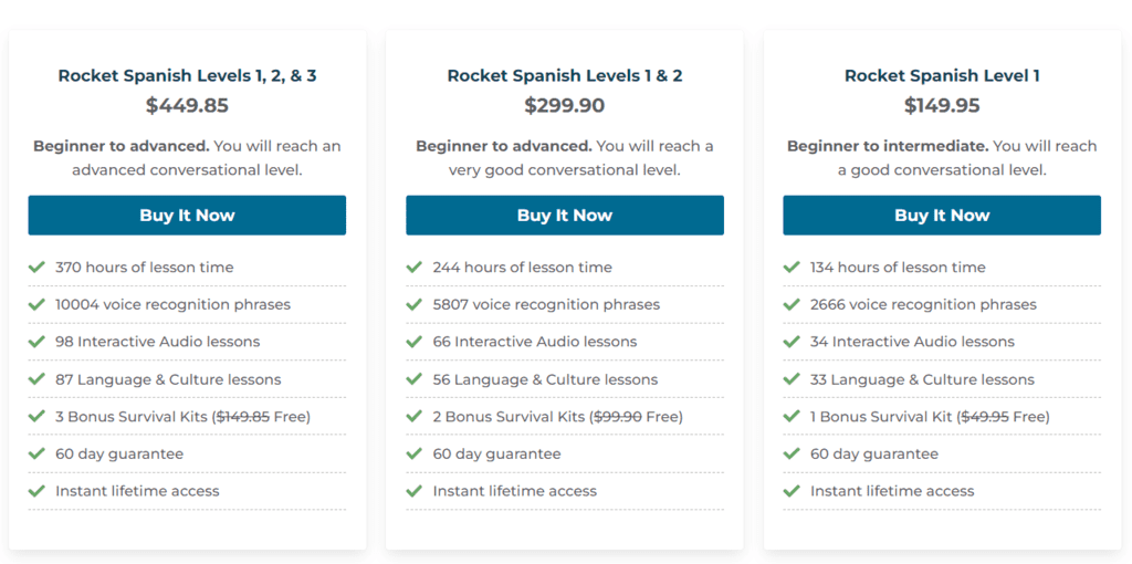 rocket spanish price table