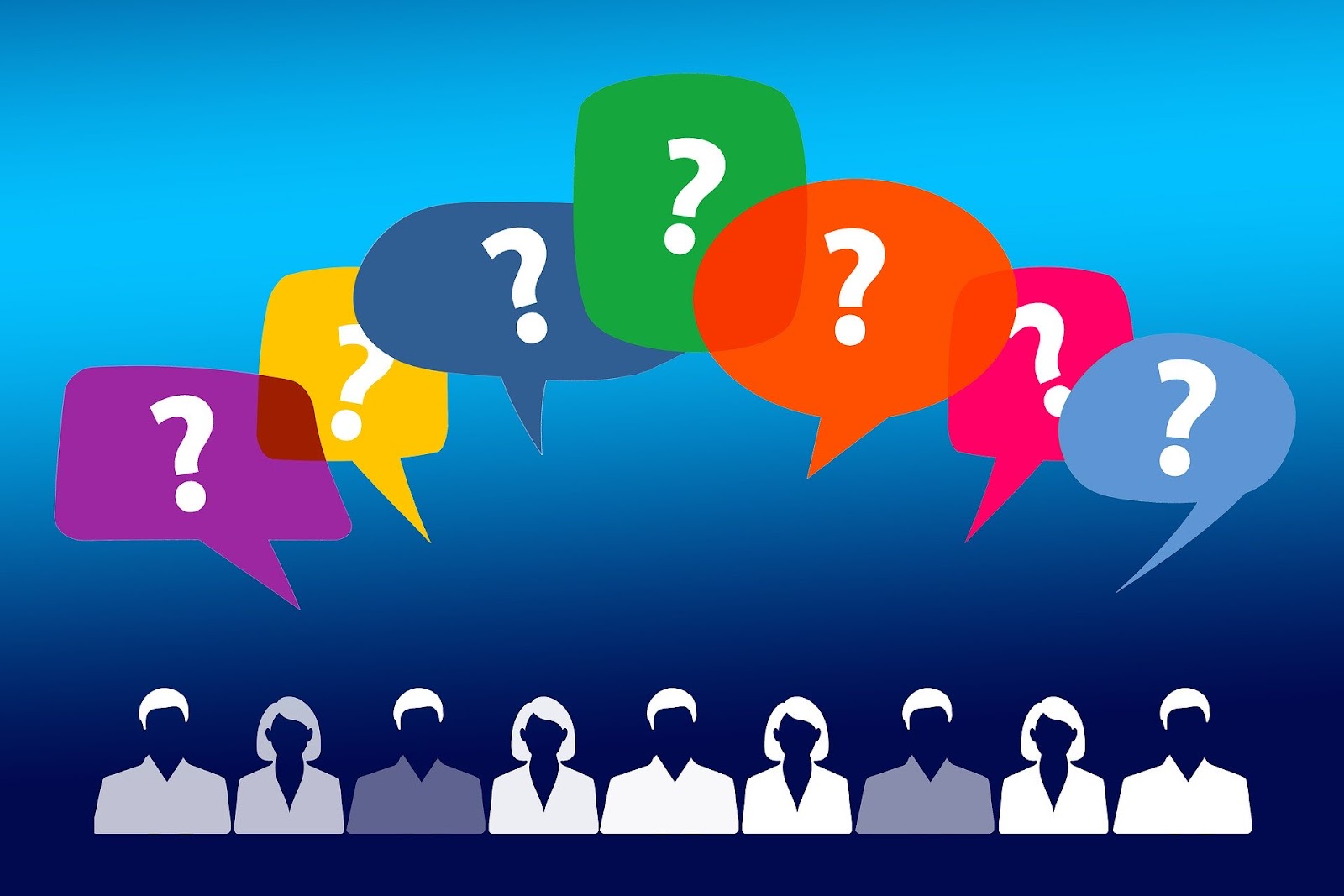 Several people with different speech bubbles above their heads. There are different ways of how to learn a language. 