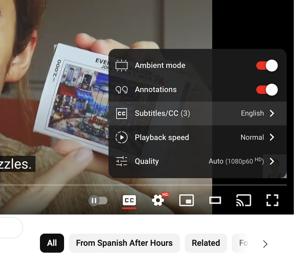 A screenshot that shows the English subtitles option under the "CC" menu in YouTube videos.