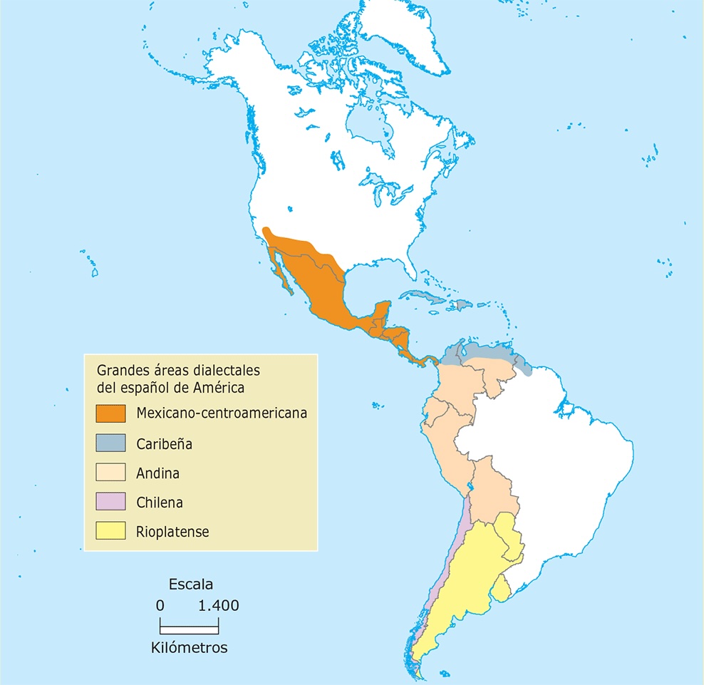 This map shows the dialects you can find in different areas of Central and South America.
