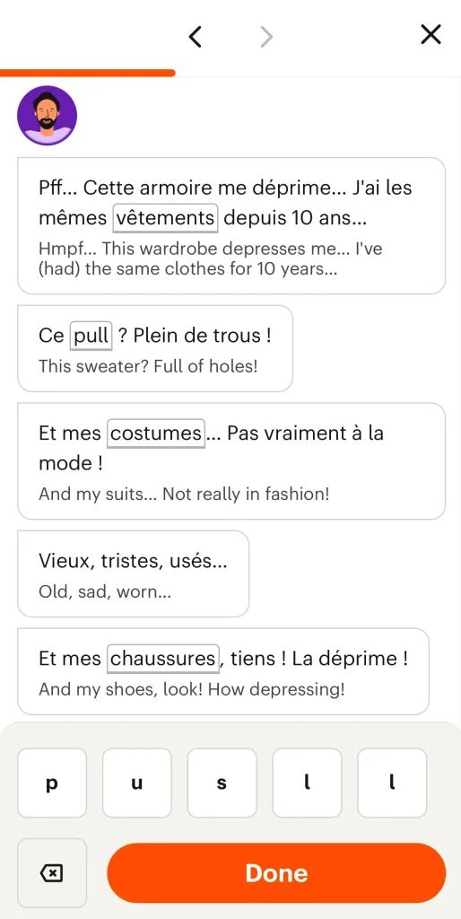 This screenshot shows a dialogue activity in a Babbel French lesson.