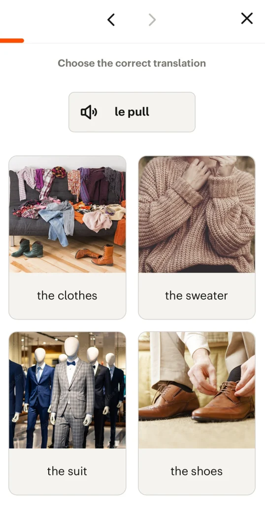 This is a screenshot of Babbel French lesson exercise.