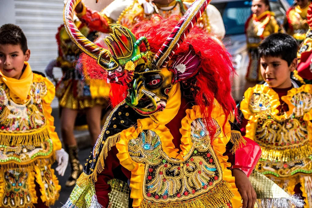 This picture shows folkloric dancers of the Bolivian dance, "La Diablada." 