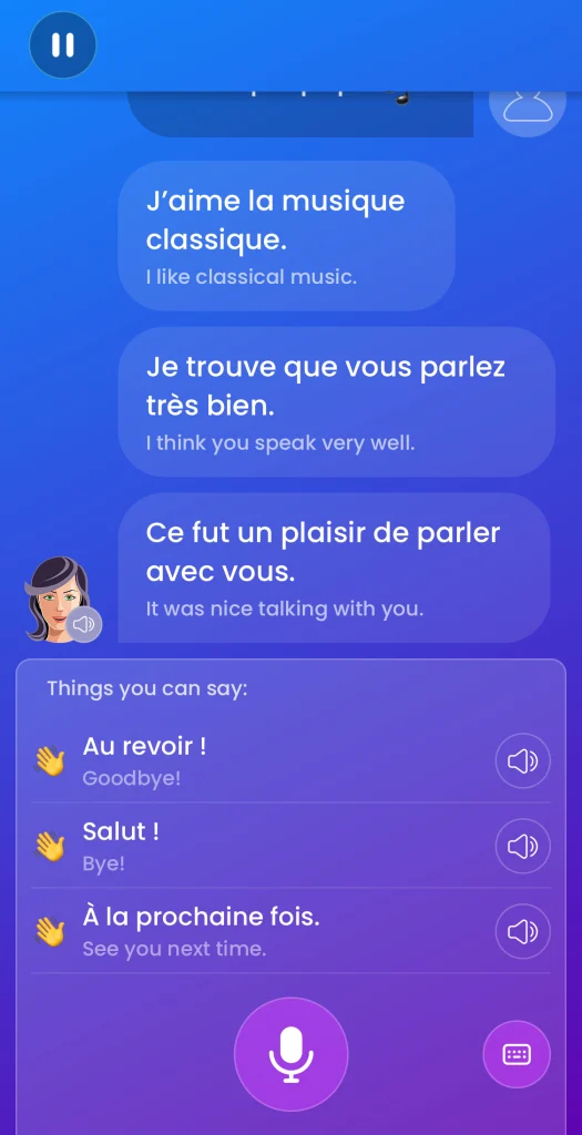 This picture shows a conversation with Mondly's French chatbot.