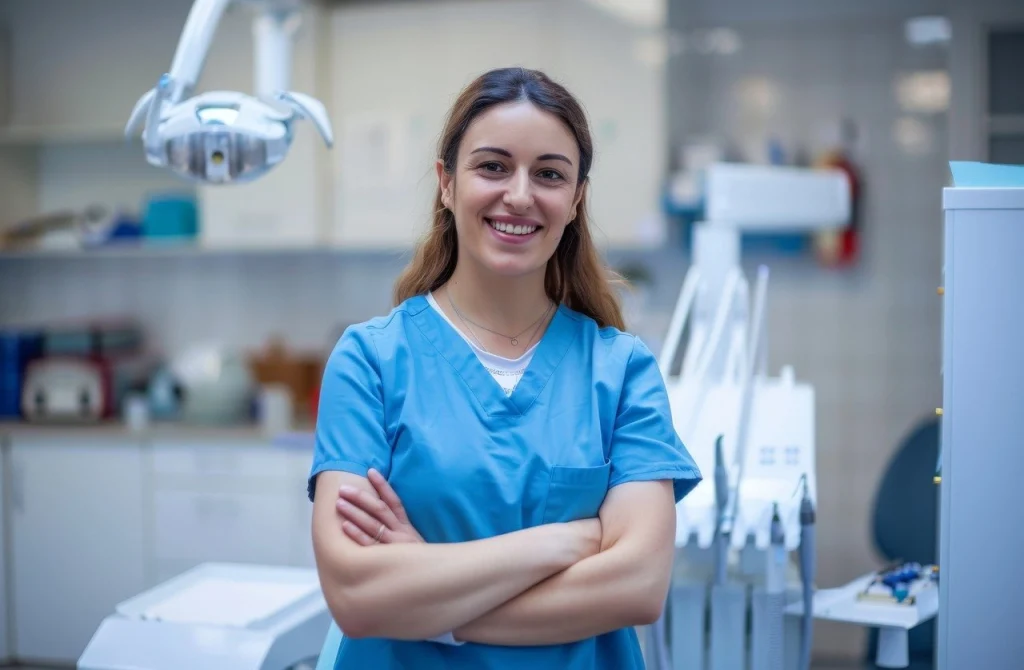 A female dentist smiles with her arms crossed. 