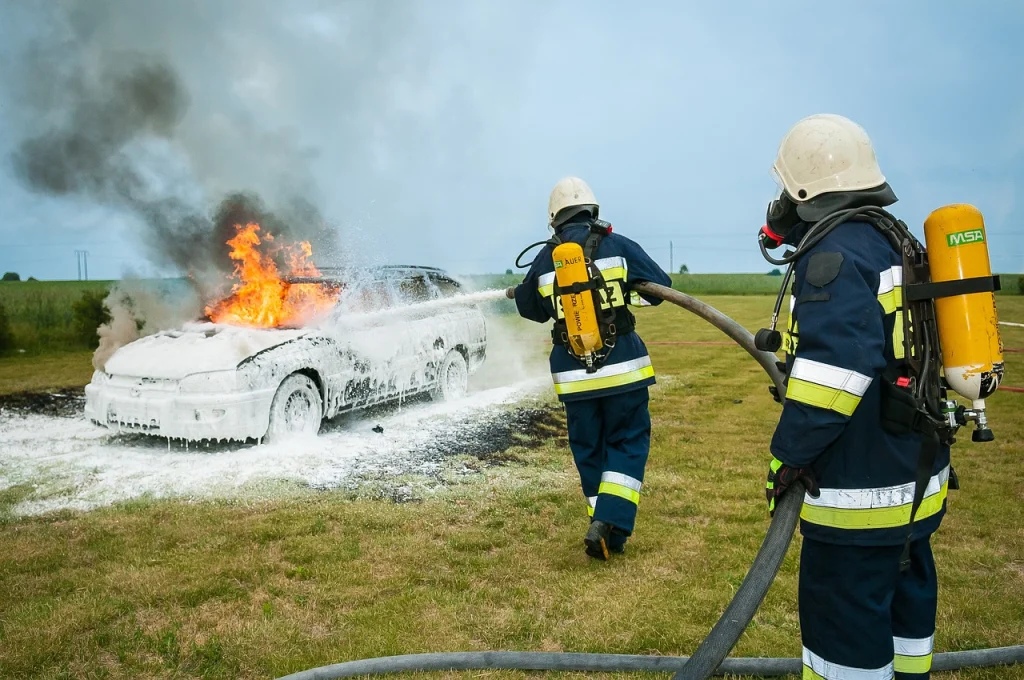 Two firefighters use fire extinguishers to put out a car fire.