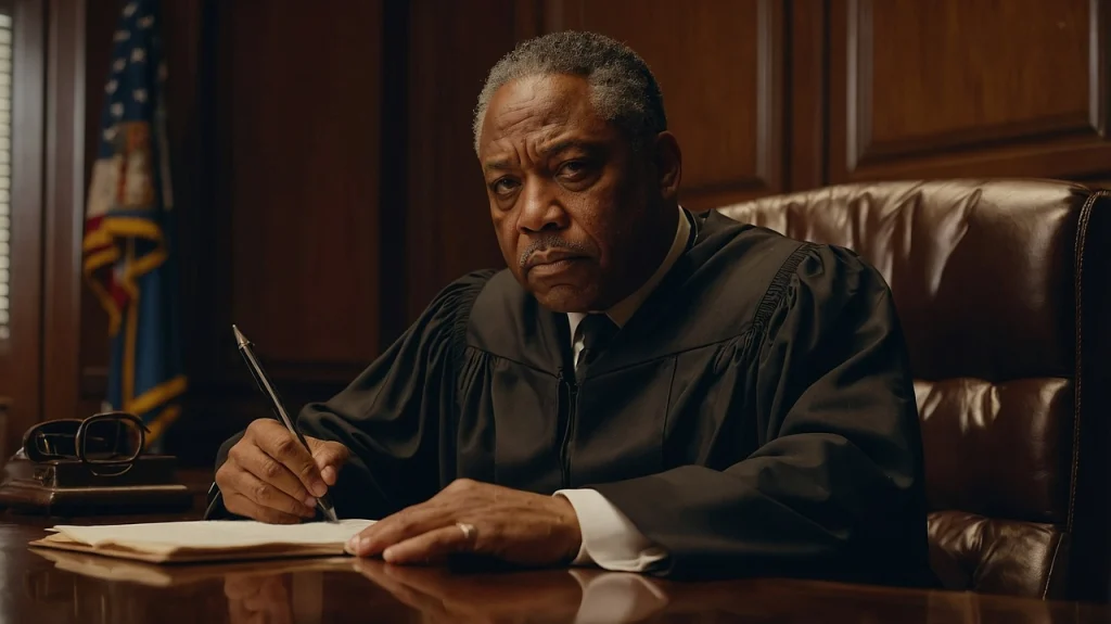 A male judge stares with a frown while he writes on paper.