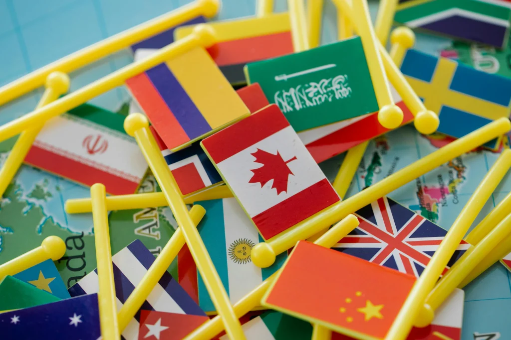 This image shows various toy flags laying over a map.